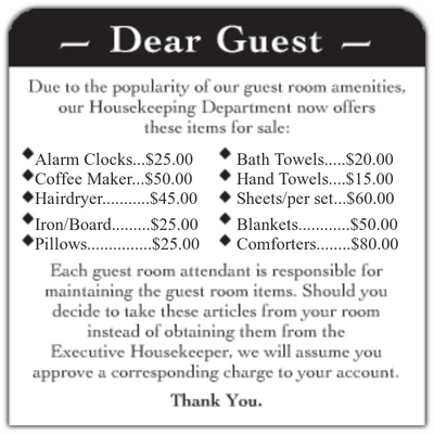 "Dear Guest" Amenities Easel - Custom
